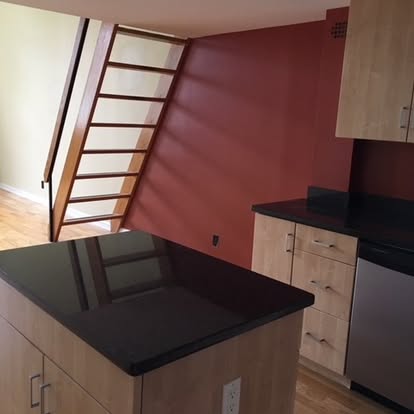 Modern kitchen with burgundy accent wall, light wood cabinetry, black countertop, and wooden ladder staircase