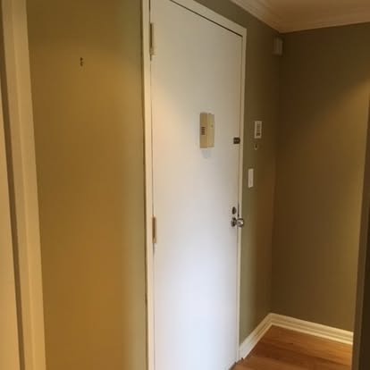 Interior hallway with tan walls, white door with lock, electrical outlets, and hardwood flooring