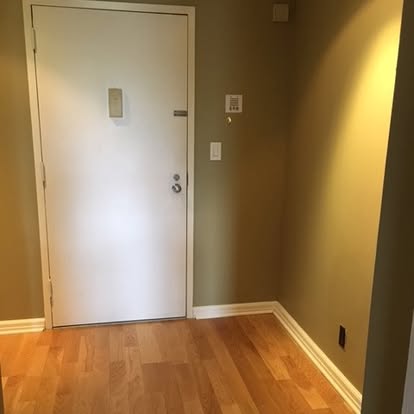 Empty apartment entryway with white door, hardwood floor, and beige walls