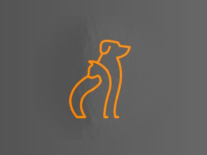 Orange neon line drawing of a dog standing in profile on gray background