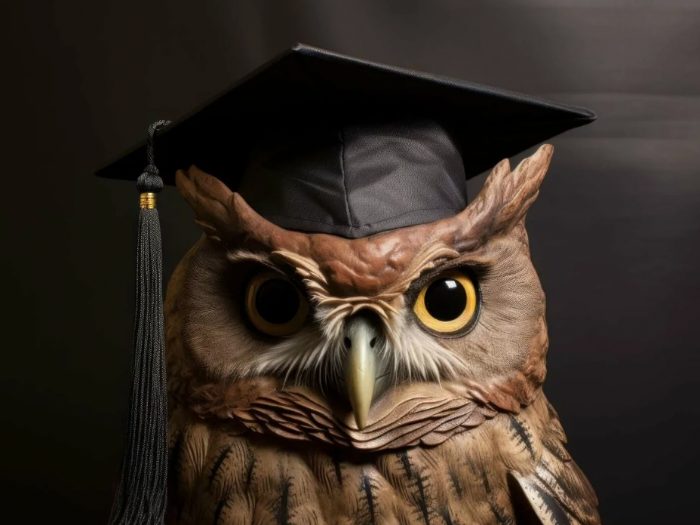 Owl wearing black graduation cap with tassel against dark background