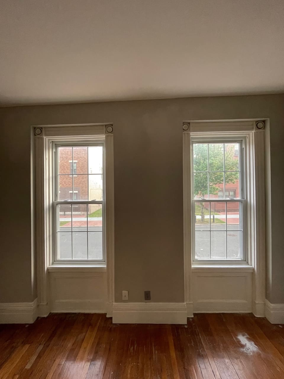 Two tall windows with white trim in a taupe room with hardwood flooring